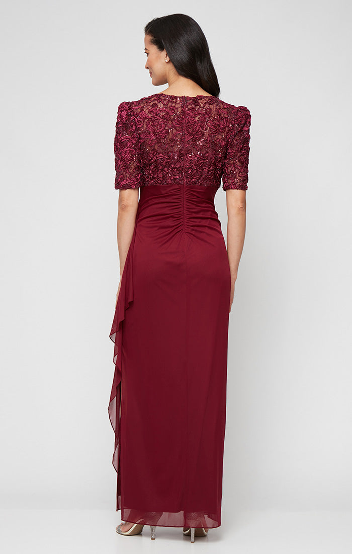 Long Empire Waist Dress with Soutache Bodice, Puff Sleeve Detail and Cascade Ruffle Skirt