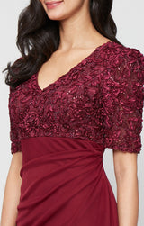 Long Empire Waist Dress with Soutache Bodice, Puff Sleeve Detail and Cascade Ruffle Skirt