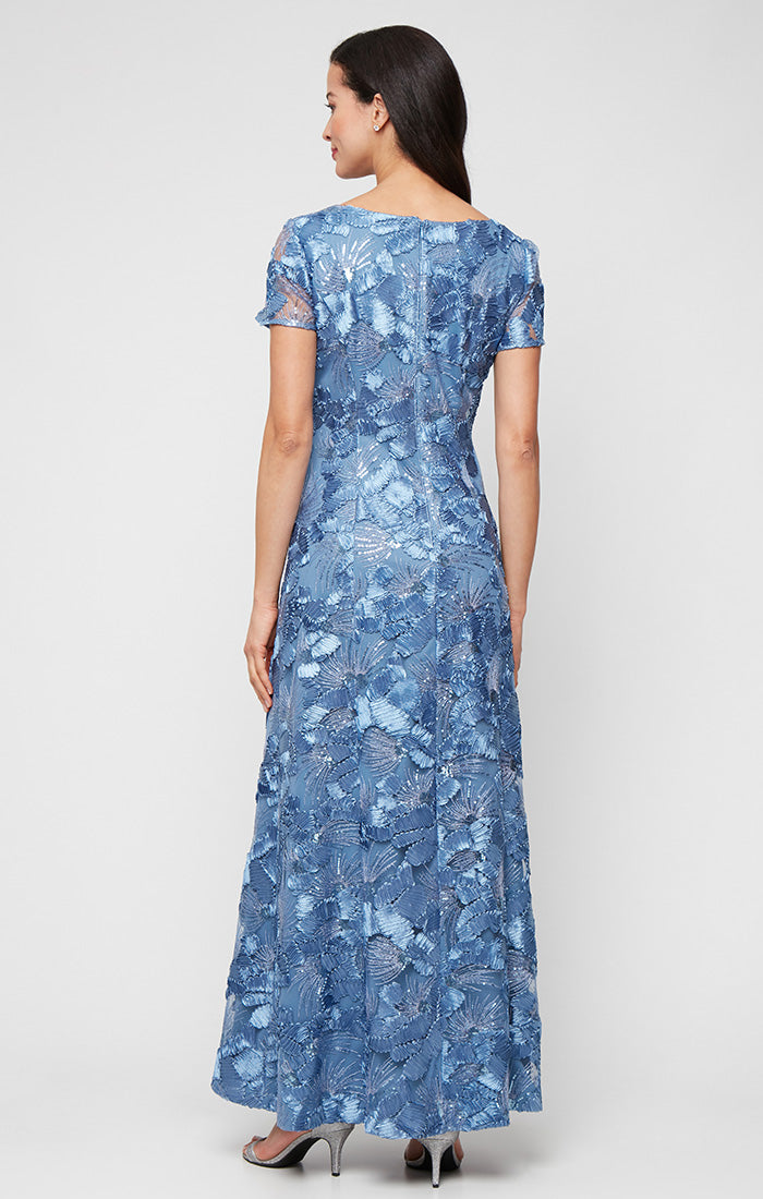 Petite Soutache A-Line Dress with Short Sleeves and Illusion Neckline