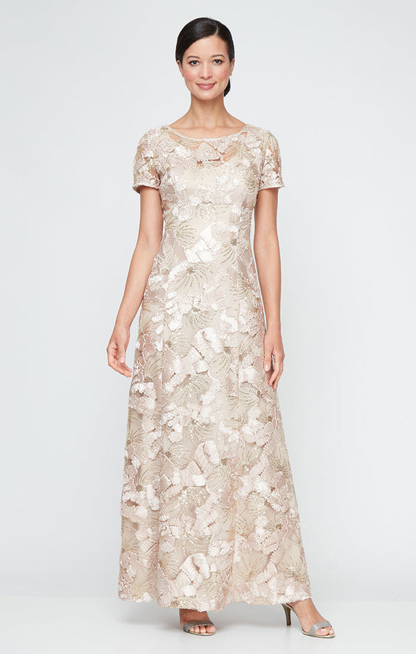 Petite Soutache A-Line Dress with Short Sleeves and Illusion Neckline