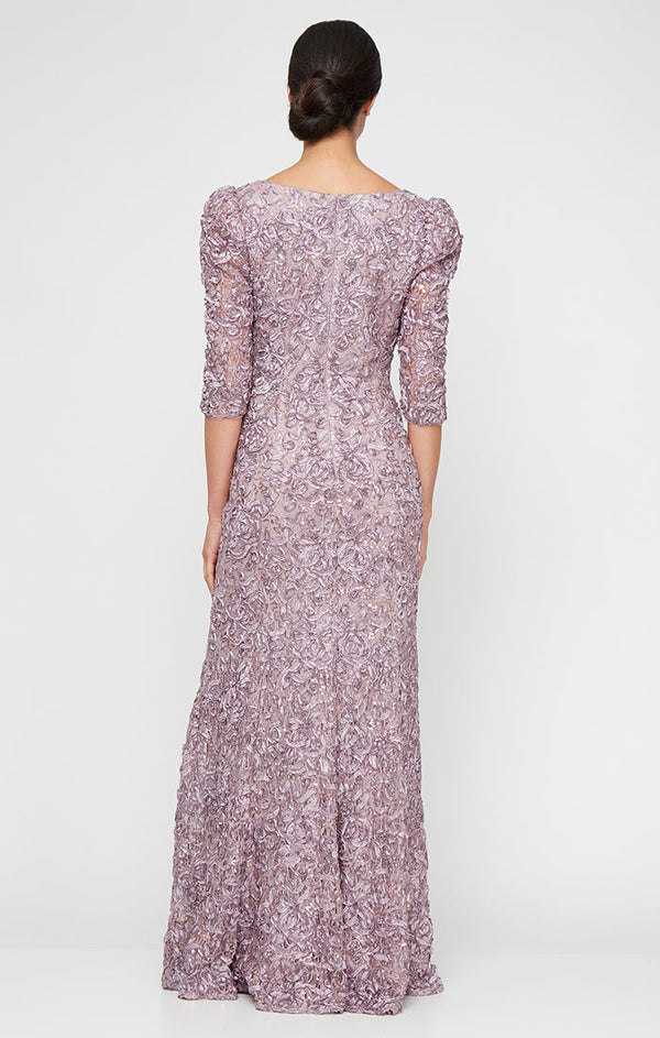 Long Square Neck Sequin Soutache Lace Gown with Puff Shoulder Detail