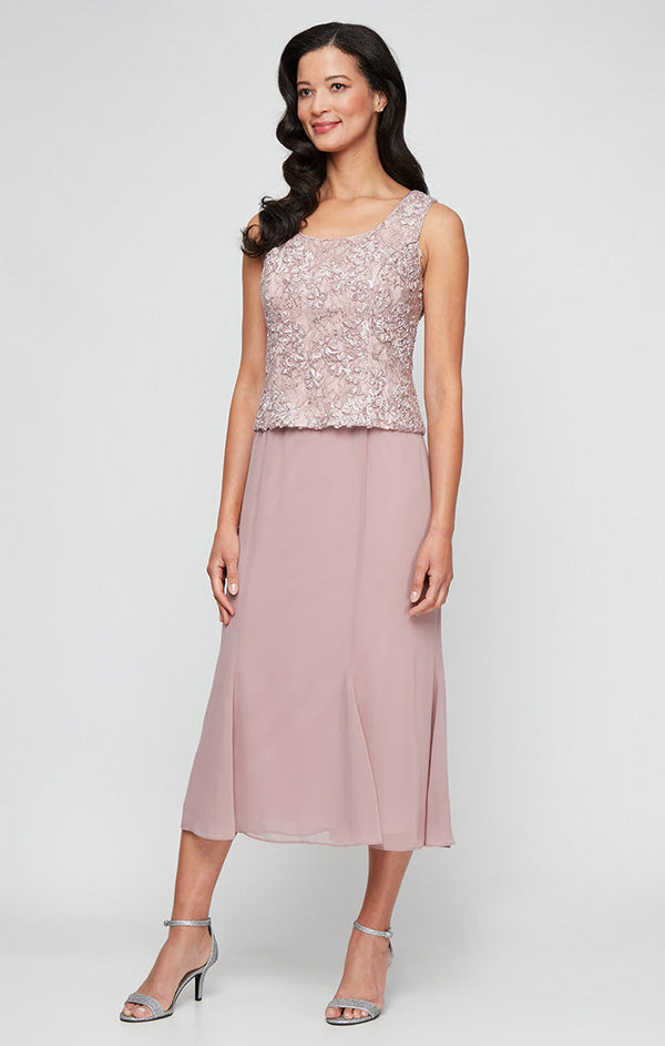 Regular - Tea-Length Soutache Dress with Center Front Button Jacket and Chiffon Skirt