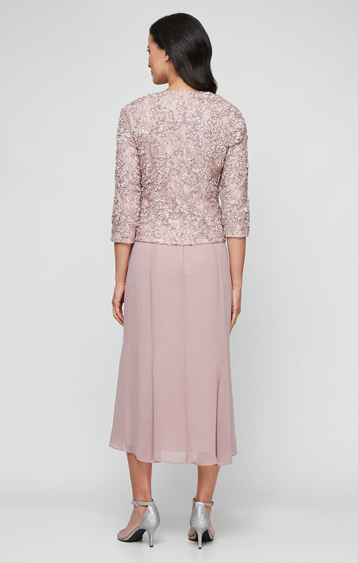 Regular - Tea-Length Soutache Dress with Center Front Button Jacket and Chiffon Skirt