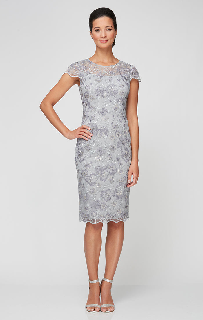Petite - Embroidered Sheath Dress with Illusion Neckline, Short Sleeves and Scallop Detail