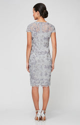 Petite - Embroidered Sheath Dress with Illusion Neckline, Short Sleeves and Scallop Detail