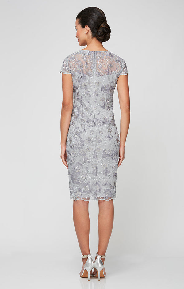 Petite - Embroidered Sheath Dress with Illusion Neckline, Short Sleeves and Scallop Detail
