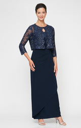 Long Empire Waist Embroidered Jacket Dress with Hook Neck Closure Jacket and Cascade Detail Skirt