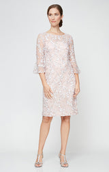 Short Embroidered Sequin Lace Sheath Dress with Illusion Neckline, 3/4 Bell Sleeves