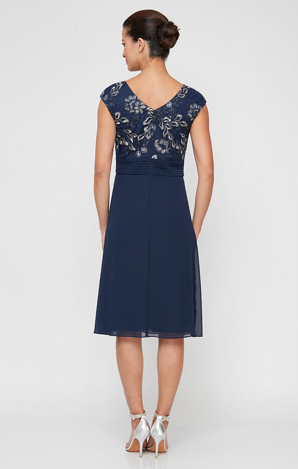 A-Line Stretch Tulle Dress with Embroidered Empire Bodice, Pleated Detail & Cascade Skirt