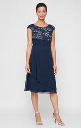 A-Line Stretch Tulle Dress with Embroidered Empire Bodice, Pleated Detail & Cascade Skirt