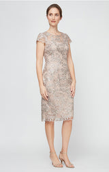 Petite Embroidered Sheath Dress with Illusion Neckline and Cap Sleeves