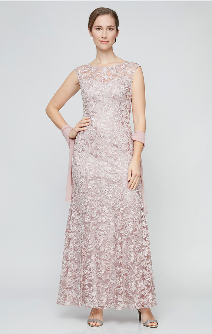 Long Embroidered Fit & Flare Dress with Illusion Neckline and Shawl
