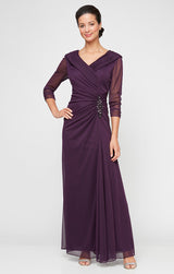 Long Portrait Collar Dress With Embellished Detail at Hip and Ruched Skirt Detail