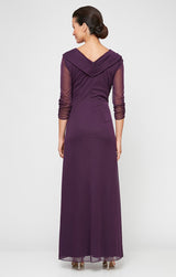 Long Portrait Collar Dress With Embellished Detail at Hip and Ruched Skirt Detail