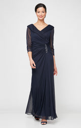 Long Portrait Collar Dress With Embellished Detail at Hip and Ruched Skirt Detail