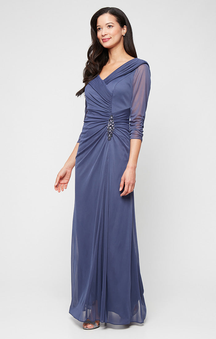Long Portrait Collar Dress With Embellished Detail at Hip and Ruched Skirt Detail