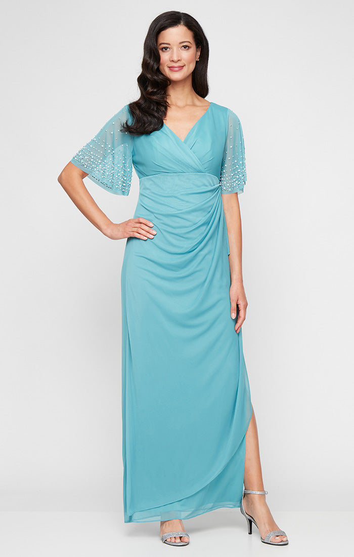 Long Empire Waist Dress with Surplice Neckline and Embellished Flutter Sleeves