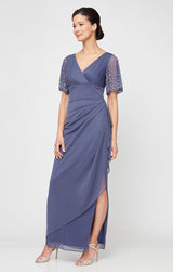 Long Empire Waist Dress with Surplice Neckline and Embellished Flutter Sleeves