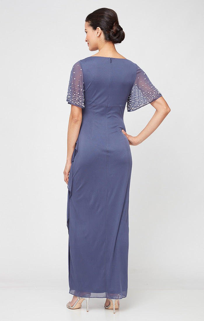 Long Empire Waist Dress with Surplice Neckline and Embellished Flutter Sleeves