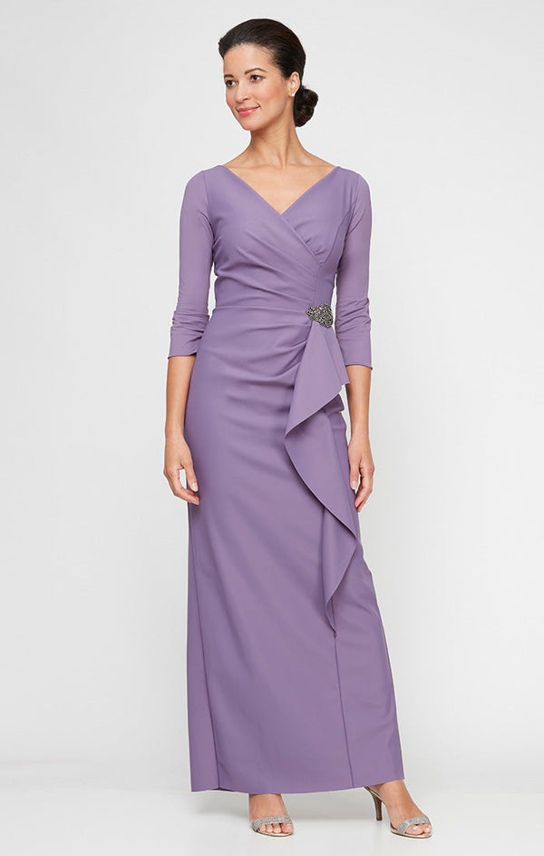 Contour Dress with Surplice Neckline, Cascade Ruffle Skirt and Embellishment at Hip