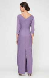 Contour Dress with Surplice Neckline, Cascade Ruffle Skirt and Embellishment at Hip