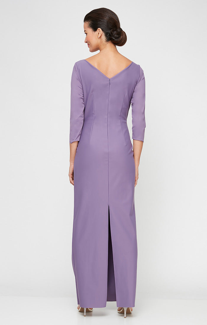 Contour Dress with Surplice Neckline, Cascade Ruffle Skirt and Embellishment at Hip