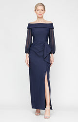 Petite - Long Off the Shoulder Contour Dress with Illusion Sleeves, Cascade Ruffle Skirt and Front Slit
