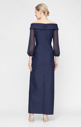 Petite - Long Off the Shoulder Contour Dress with Illusion Sleeves, Cascade Ruffle Skirt and Front Slit