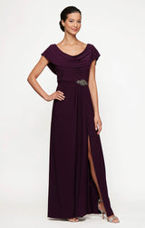 Cowl Neck A-Line Matte Jersey Dress with Pleated Bodice Detail, Cowl Back, and Embellishment Detail at Waist