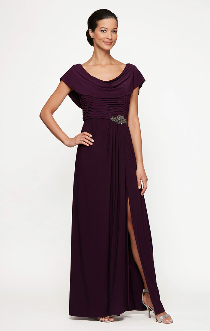 Petite Long Cowl Neck A-Line Matte Jersey Dress with Pleated Bodice Detail, Cowl Back, and Embellishment Detail