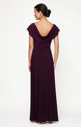 Cowl Neck A-Line Matte Jersey Dress with Pleated Bodice Detail, Cowl Back, and Embellishment Detail at Waist