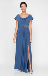 Cowl Neck A-Line Matte Jersey Dress with Pleated Bodice Detail, Cowl Back, and Embellishment Detail at Waist