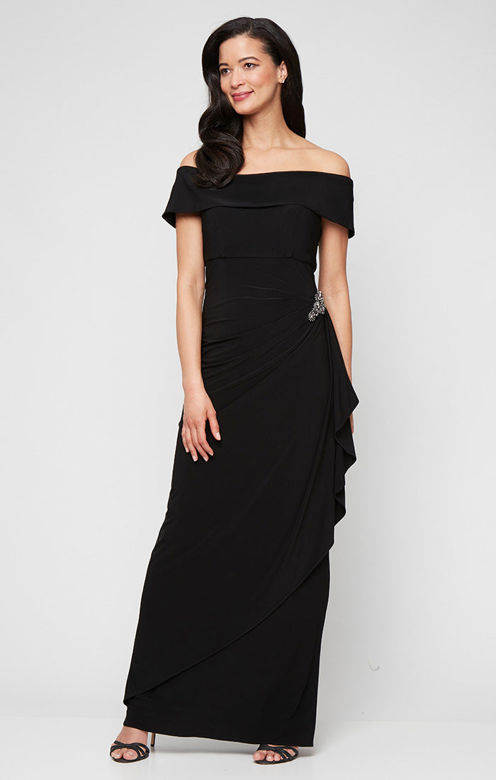 Long Off-the-Shoulder Matte Jersey Dress with Foldover Cuff, Embellishment Detail at Hip and Cascade Ruffle Skirt