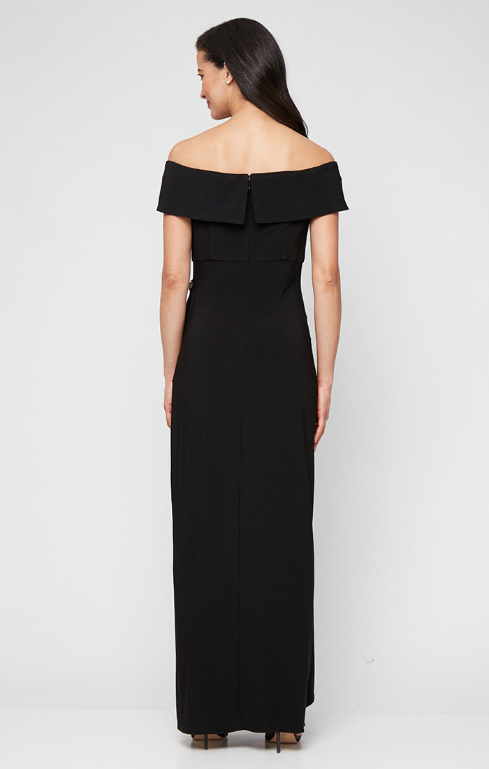 Long Off-the-Shoulder Matte Jersey Dress with Foldover Cuff, Embellishment Detail at Hip and Cascade Ruffle Skirt