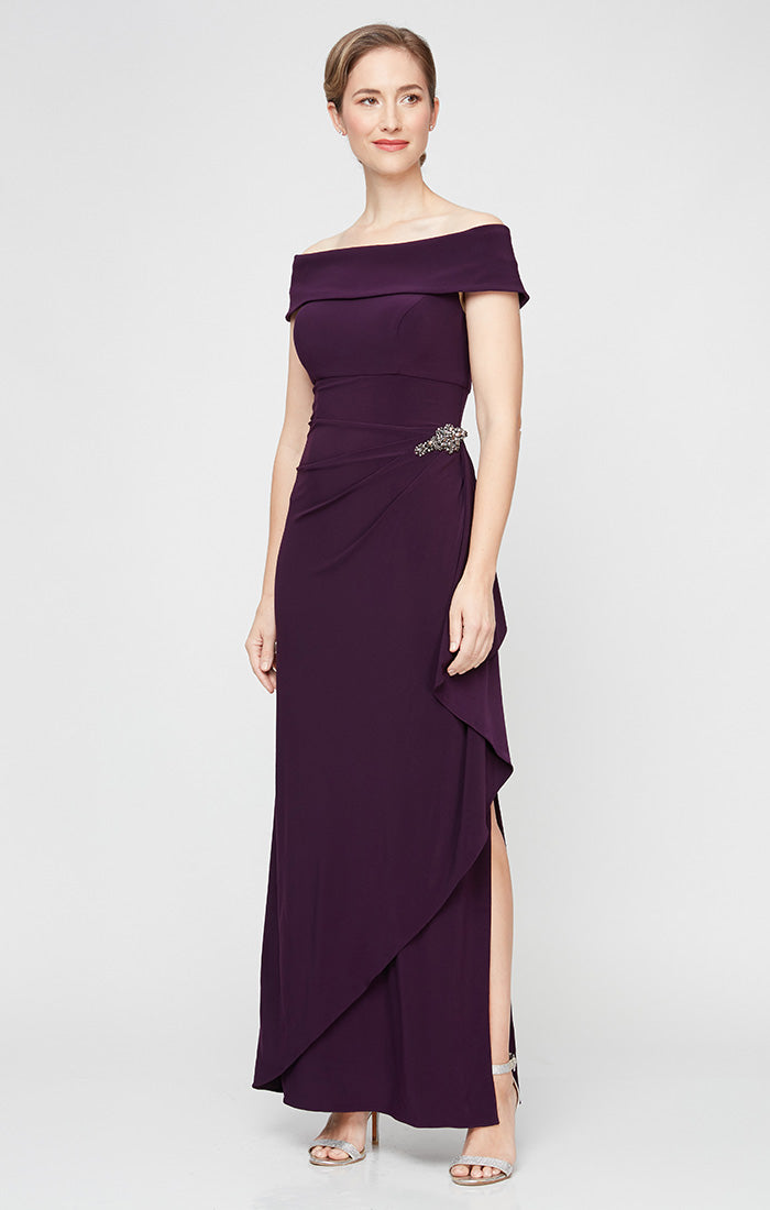 Long Off-the-Shoulder Matte Jersey Dress with Foldover Cuff, Embellishment Detail at Hip and Cascade Ruffle Skirt