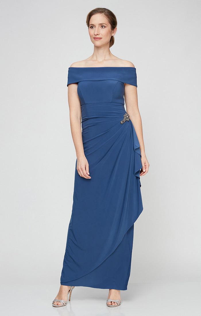 Long Off-the-Shoulder Matte Jersey Dress with Foldover Cuff, Embellishment Detail at Hip and Cascade Ruffle Skirt