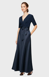 Petite Surplice Neckline Ballgown with Full Satin Skirt & Jersey Bodice