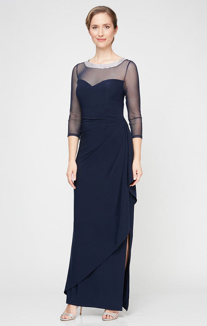 Plus Matte Jersey Illusion 3/4 Sleeve Side Ruched Dress with Embellished Neckline
