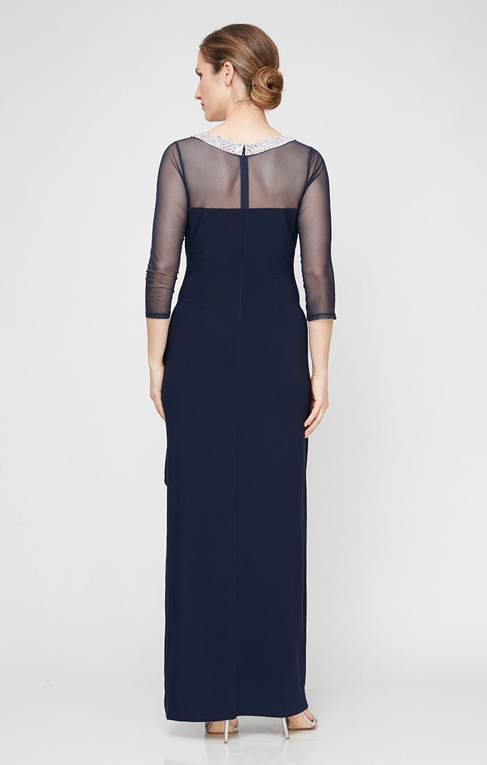 Plus Matte Jersey Illusion 3/4 Sleeve Side Ruched Dress with Embellished Neckline