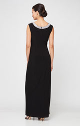 Long Sleeveless Dress with Embellishment Detail at Neckline and Front Slit