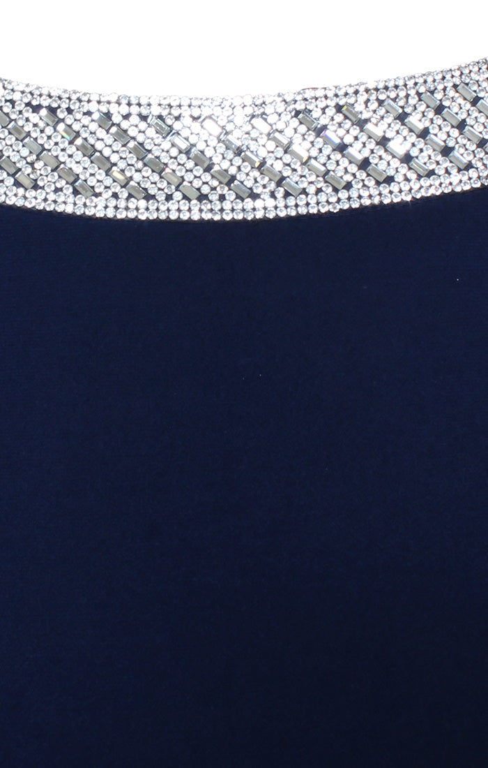 Long Sleeveless Dress with Embellishment Detail at Neckline and Front Slit