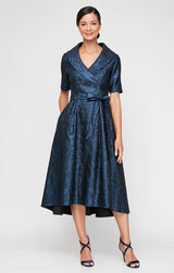 Midi Portrait Collar Stretch Jacquard Party Dress with Elbow Sleeves & Tie Waist