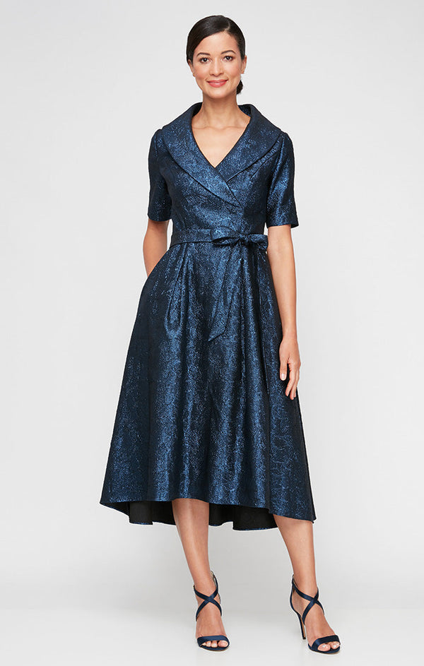 Midi Portrait Collar Stretch Jacquard Party Dress with Elbow Sleeves & Tie Waist