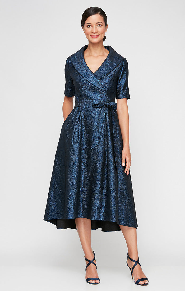 Midi Portrait Collar Stretch Jacquard Party Dress with Elbow Sleeves & Tie Waist