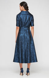 Midi Portrait Collar Stretch Jacquard Party Dress with Elbow Sleeves & Tie Waist