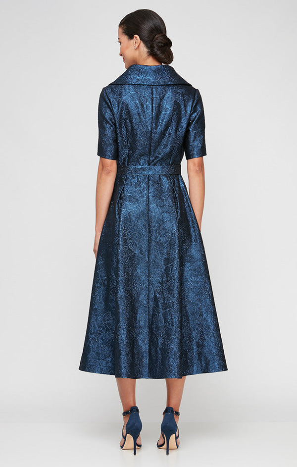 Midi Portrait Collar Stretch Jacquard Party Dress with Elbow Sleeves & Tie Waist