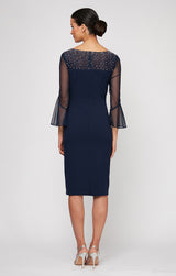 Petite Sheath Crepe Dress with Embellished Illusion Mesh Neckline & Bell Sleeves