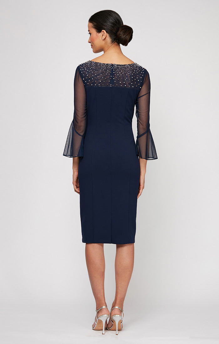 Petite Sheath Crepe Dress with Embellished Illusion Mesh Neckline & Bell Sleeves
