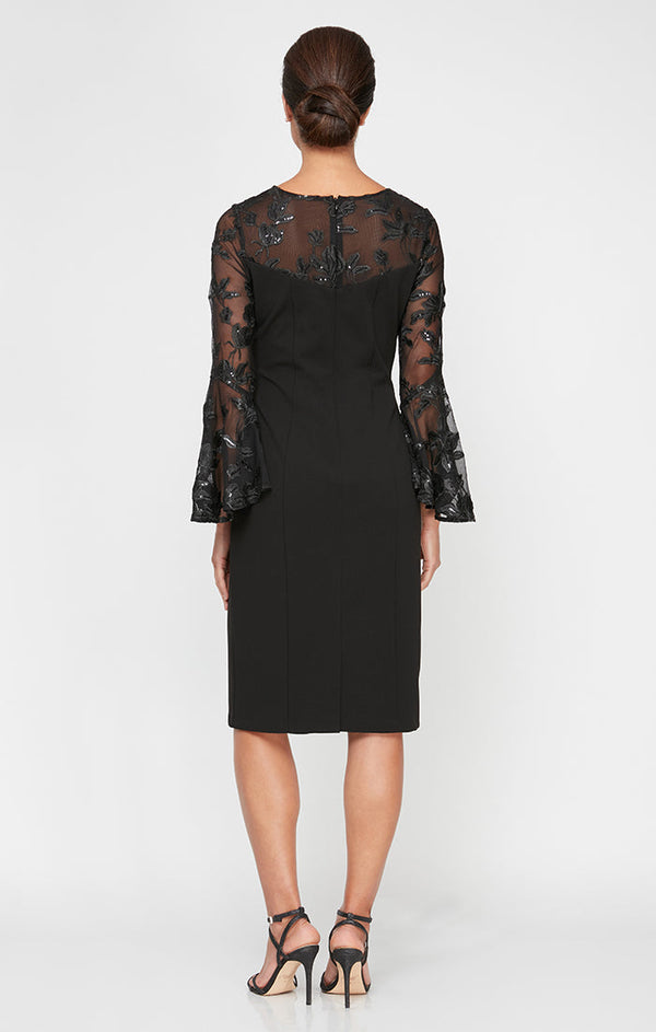 Short V-Neck Sheath Dress With Illusion Neckline and Cascade Bell Sleeves