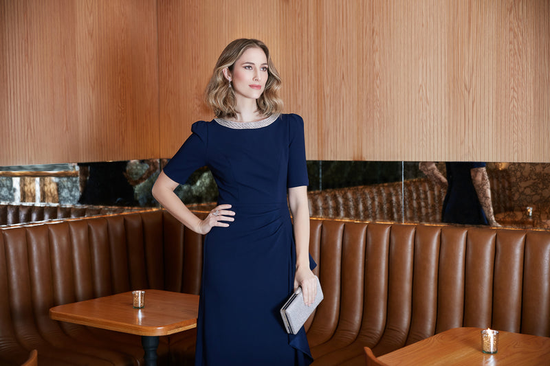 Long Embellished Neck Dress with Elbow Sleeves and Cascade Detail Skirt